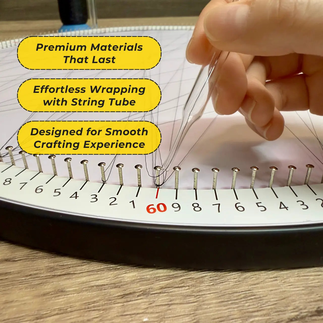 Detailed view of the custom black string art creation process using the DIY Kit from the Customization Collection