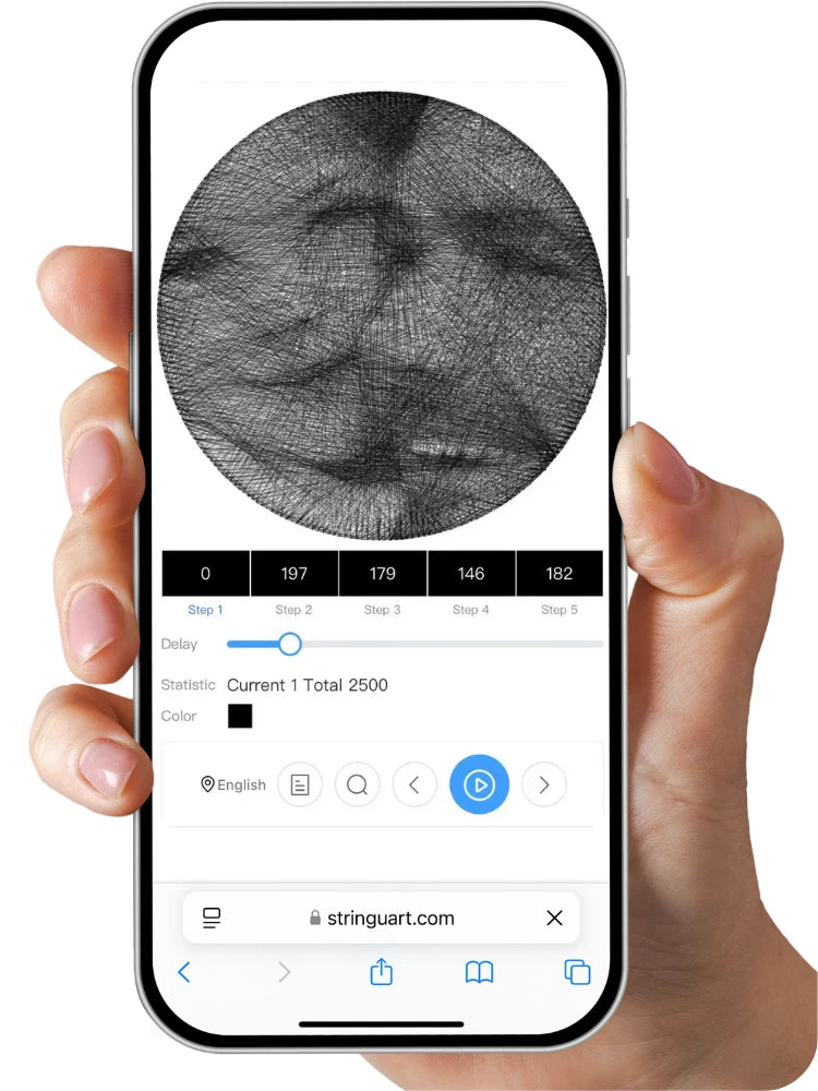 Voice-guided program screenshot showing step-by-step audio instructions for creating string art by following number sequences, making the process faster and easier for customers.
