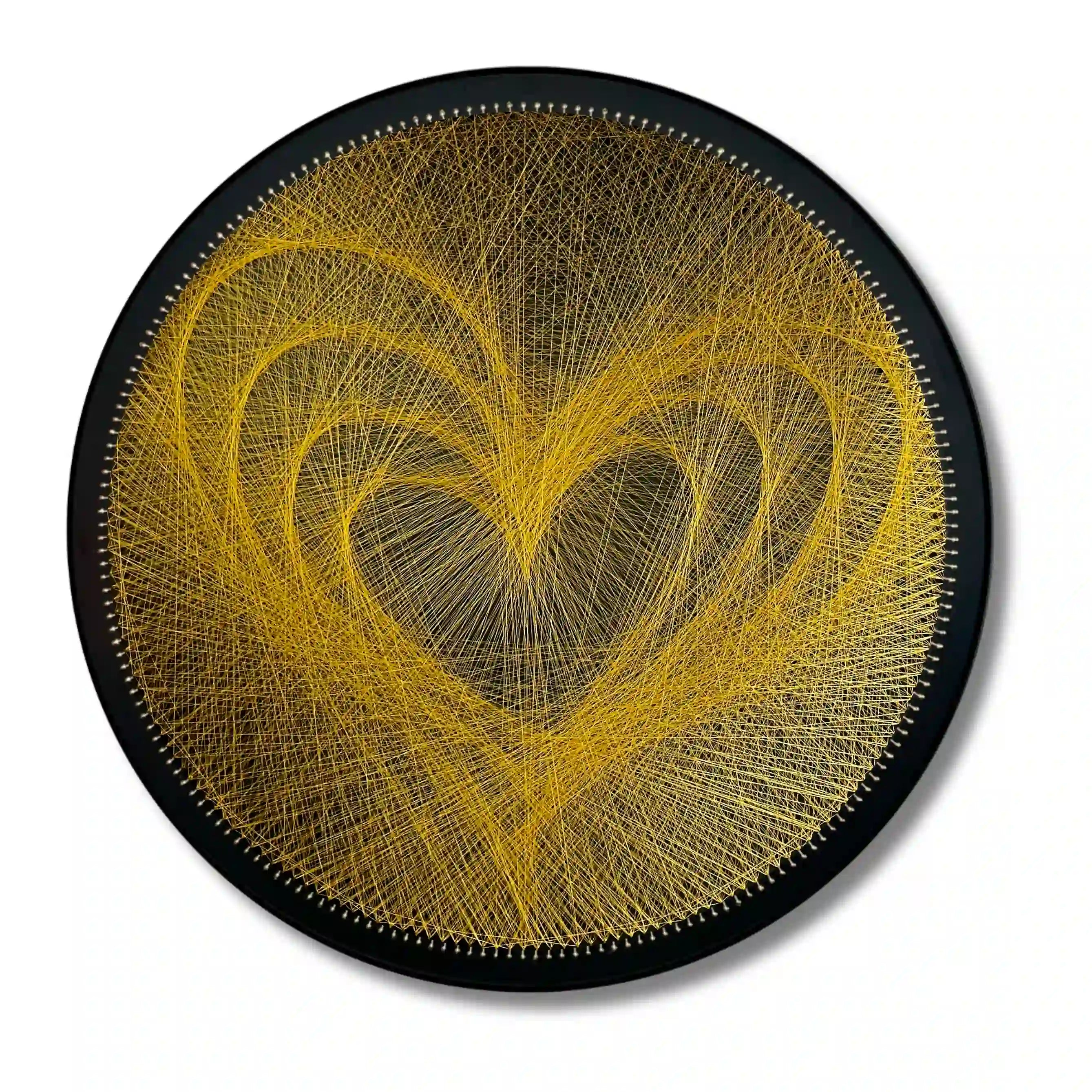 Finished string art design of the word "Love" from the Gold Collection using black board and gold strings