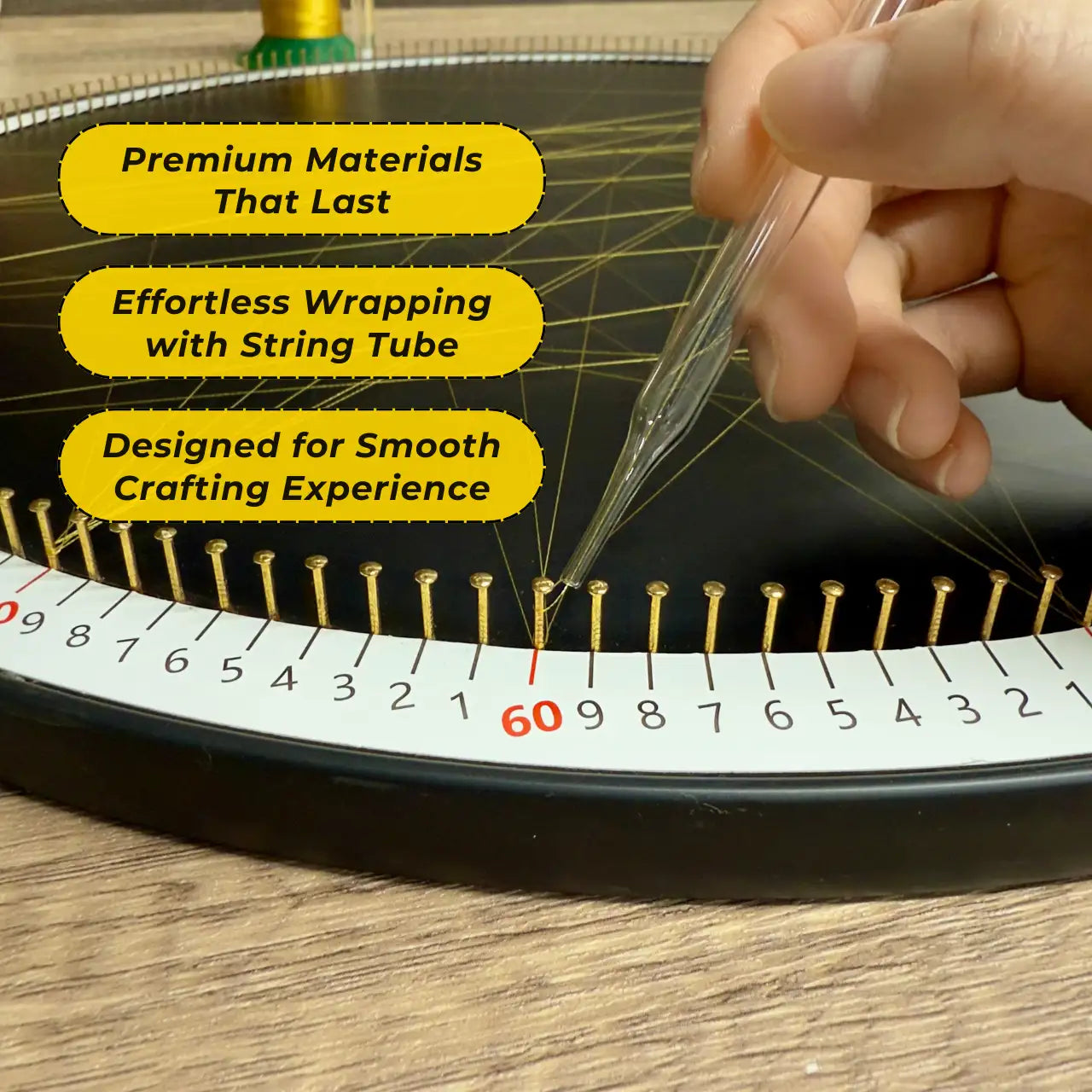 Detailed view of the string art creation process using the DIY Kit from the Gold Collection