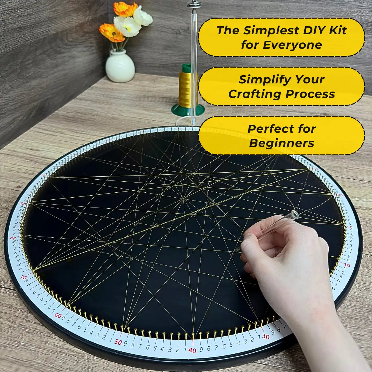 In-progress shot of creating string art using the DIY Kit from the Gold Collection