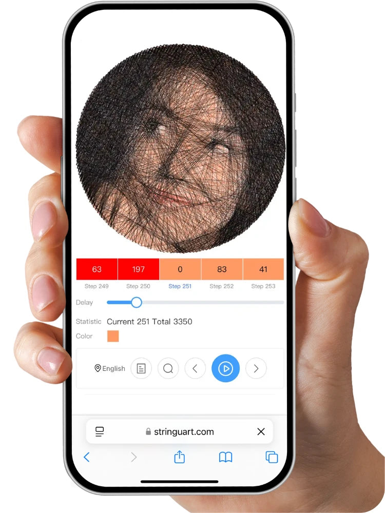 Voice-guided program screenshot showing step-by-step audio instructions for creating string art by following number sequences, making the process faster and easier for customers.