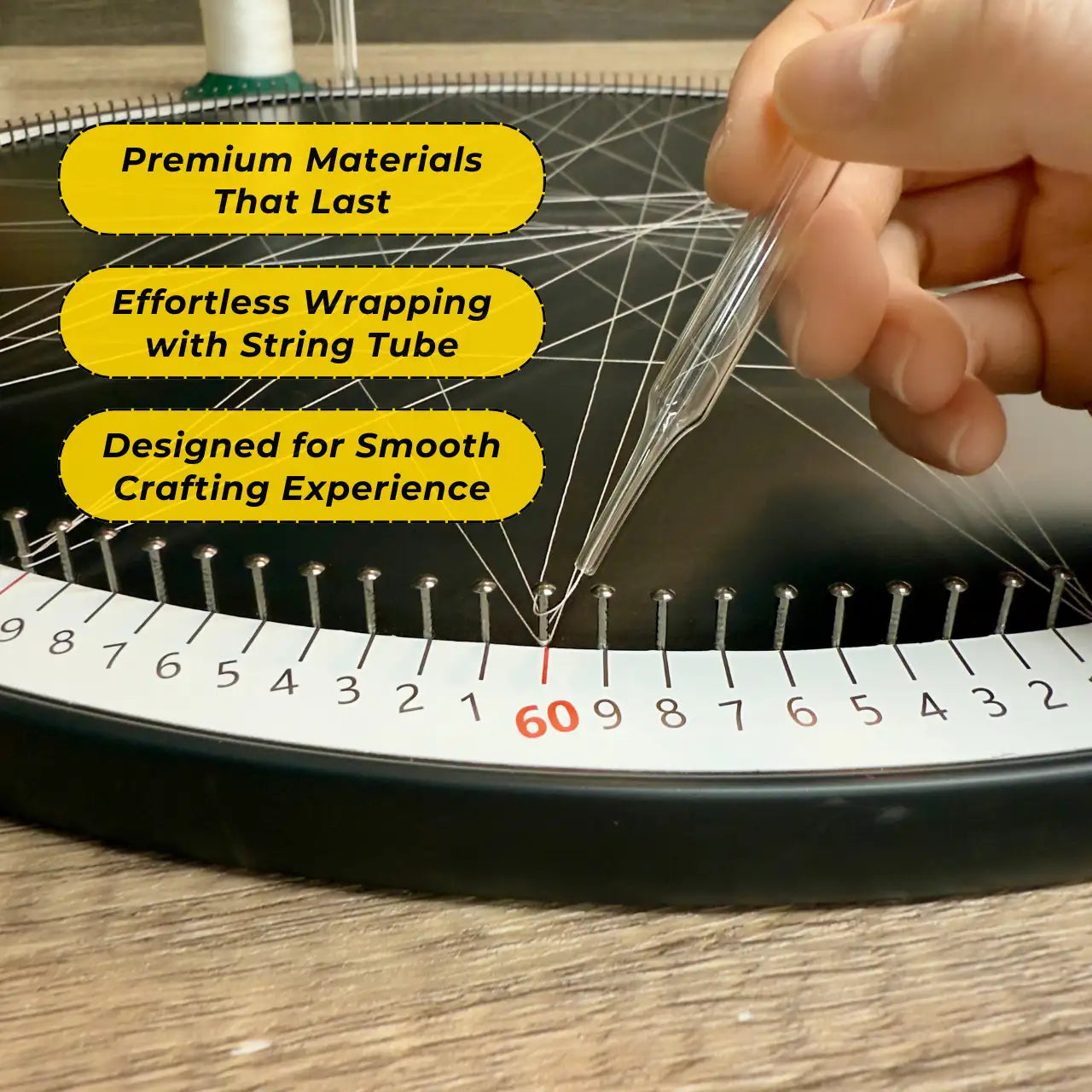Detailed view of the string art creation process using the DIY Kit from the White Collection