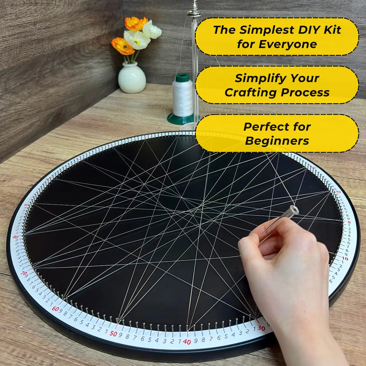 In-progress shot of creating string art using the DIY Kit from the White Collection