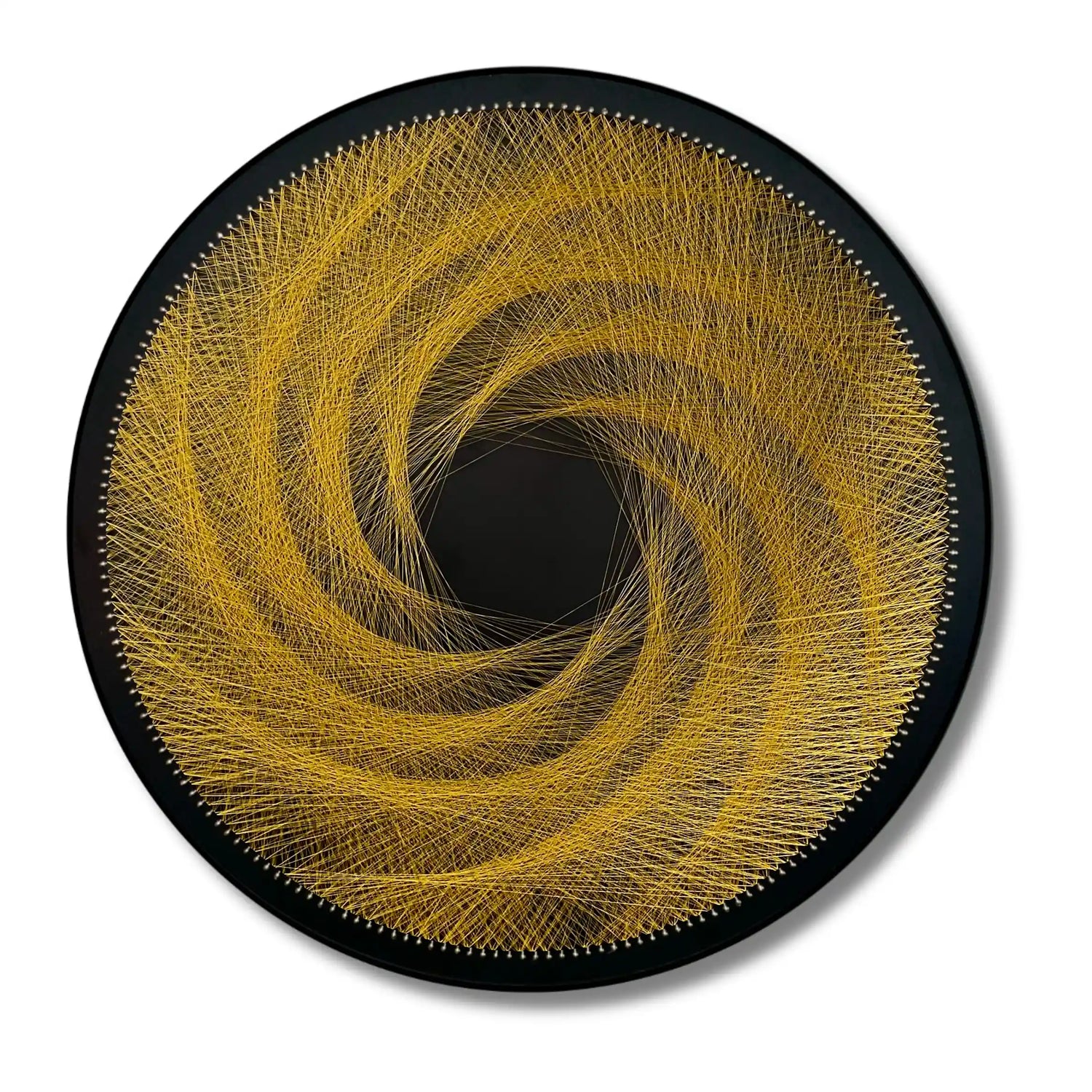 String art of a spiral design from the Gold Collection, featuring a black board with gold strings