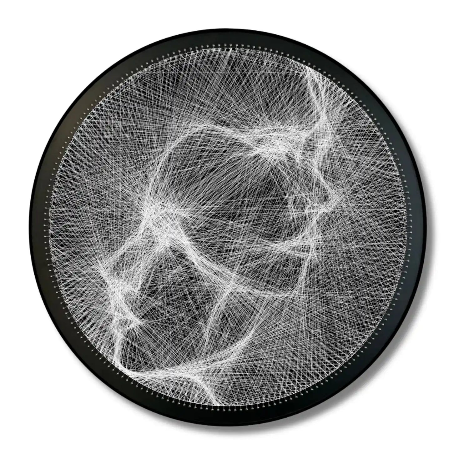 String art of a face from the White Collection, featuring a black board with white strings