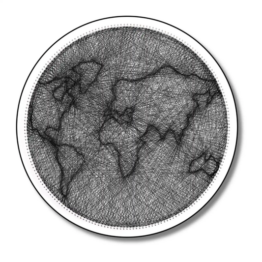 Finished string art design of the Earth from the Black Collection, using white board and black strings