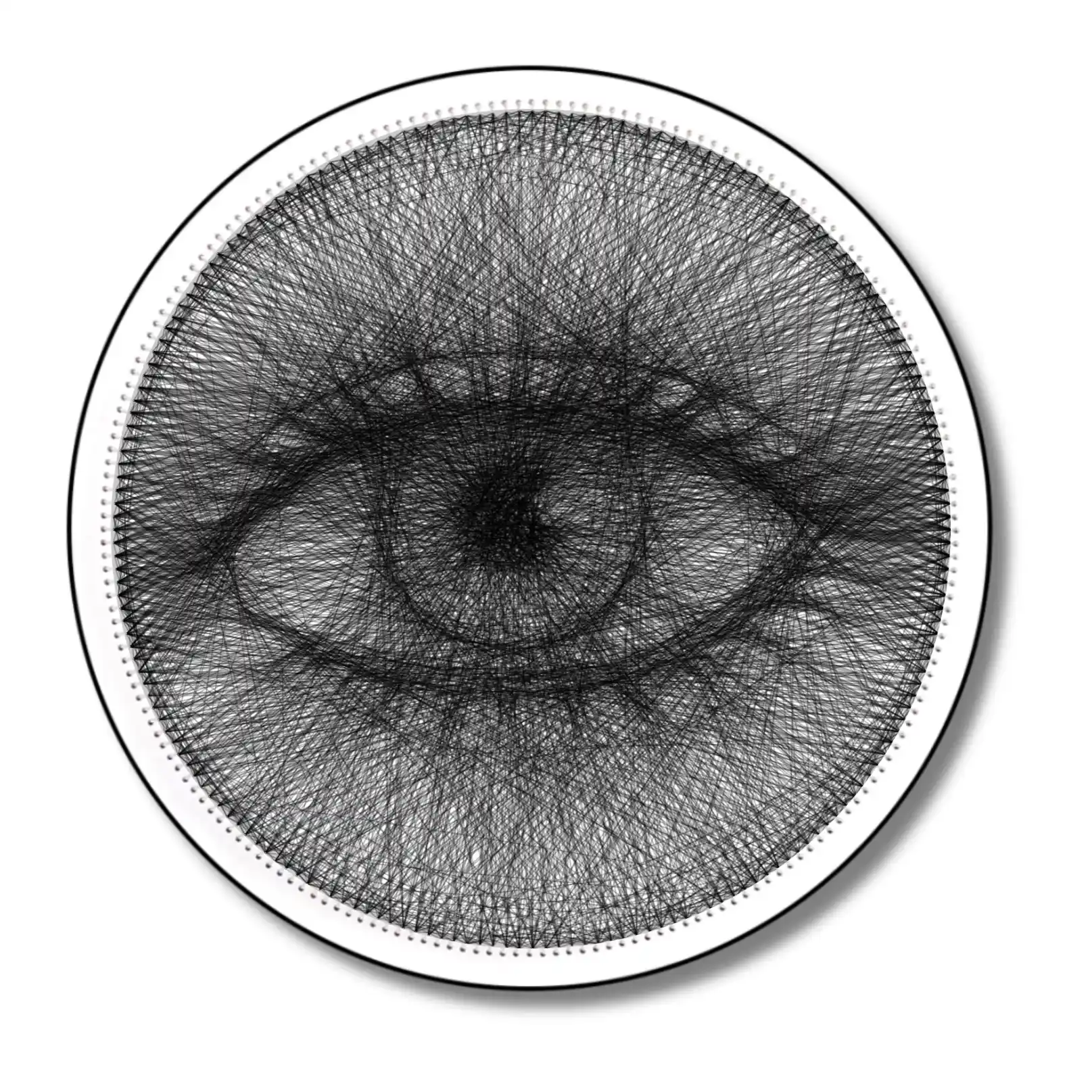 Finished string art design of an eye from the Black Collection, using white board and black strings