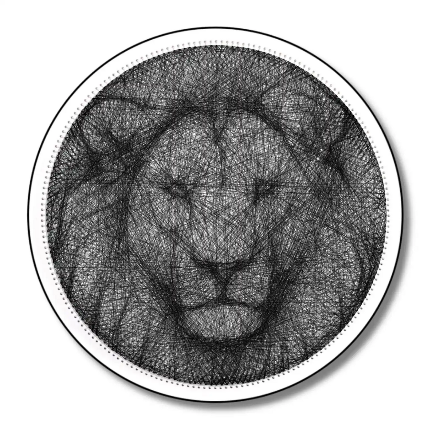 Finished string art design of a lion from the Black Collection, using white board and black strings