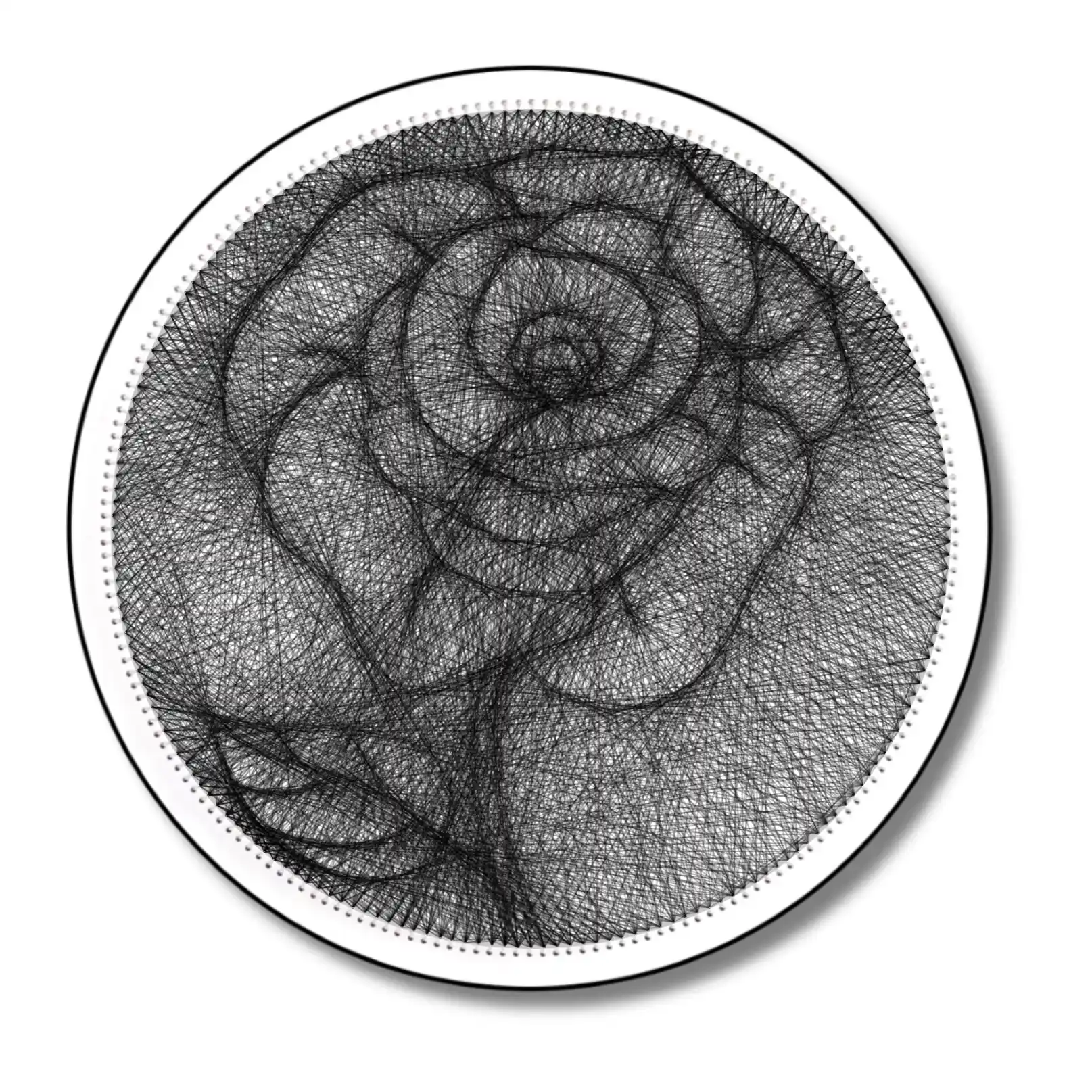 Finished string art design of a rose from the Black Collection, using white board and black strings