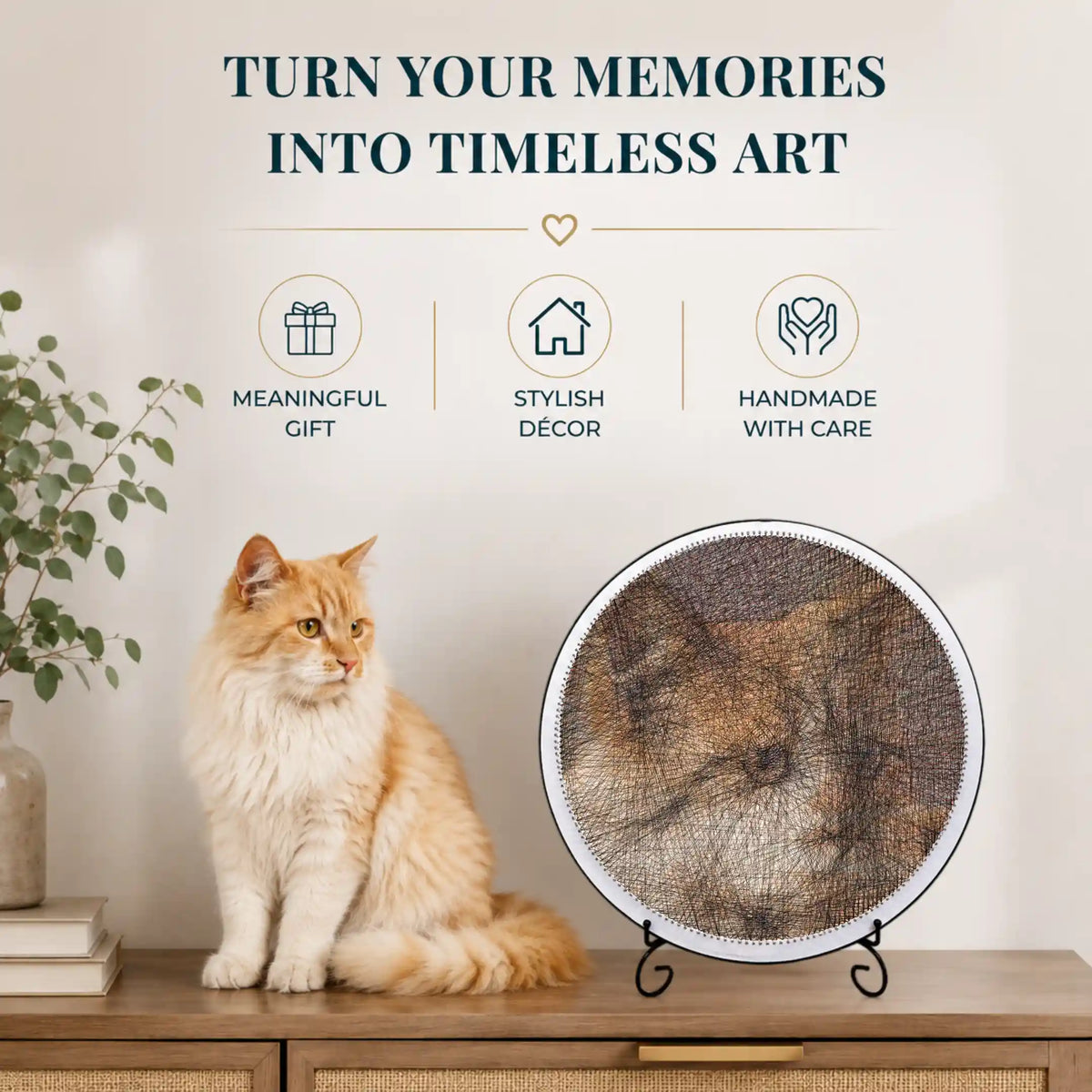 Custom pet portrait string art of a cat by STRINGUART, displayed alongside the real pet.