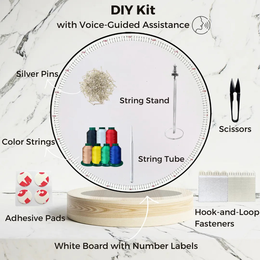 Contents of the DIY Kit from the Color Collection, including tools and materials for creating color string art