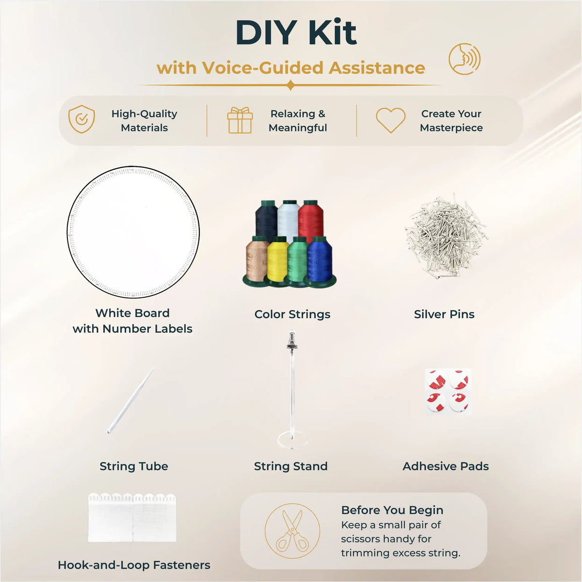 Contents of the DIY Kit from the Custom Color String Art, including tools and materials for creating custom color string art