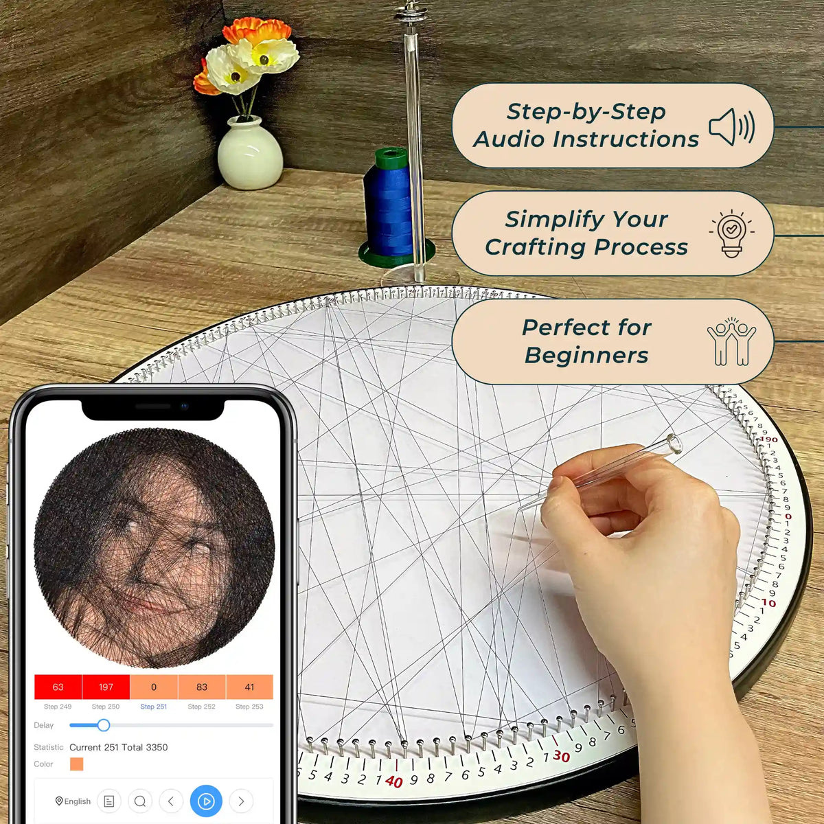 In-progress shot of creating custom color string art using the DIY Kit from the Customization Collection