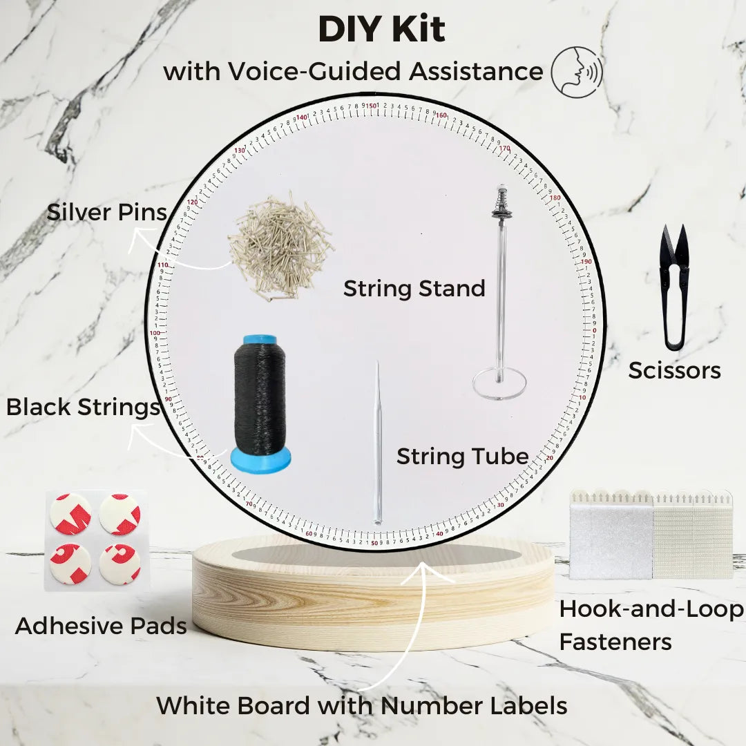 Contents of the DIY Kit from the Custom Black String Art, including tools and materials for creating custom black string art