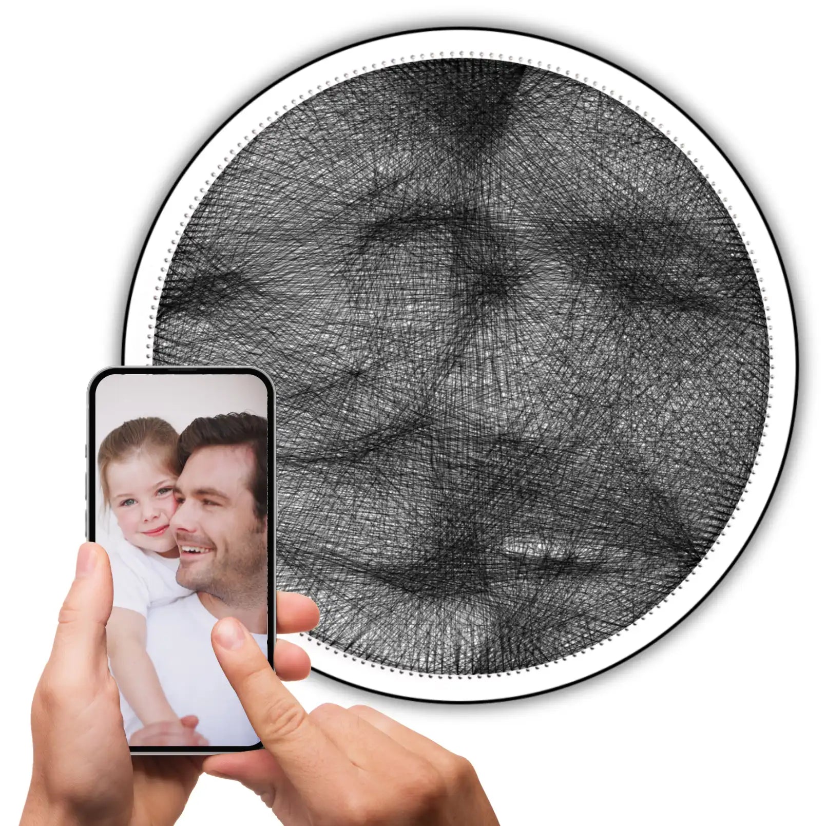 Custom black string art of a father-daughter photo on white board with black string, original image shown on a phone held in hand