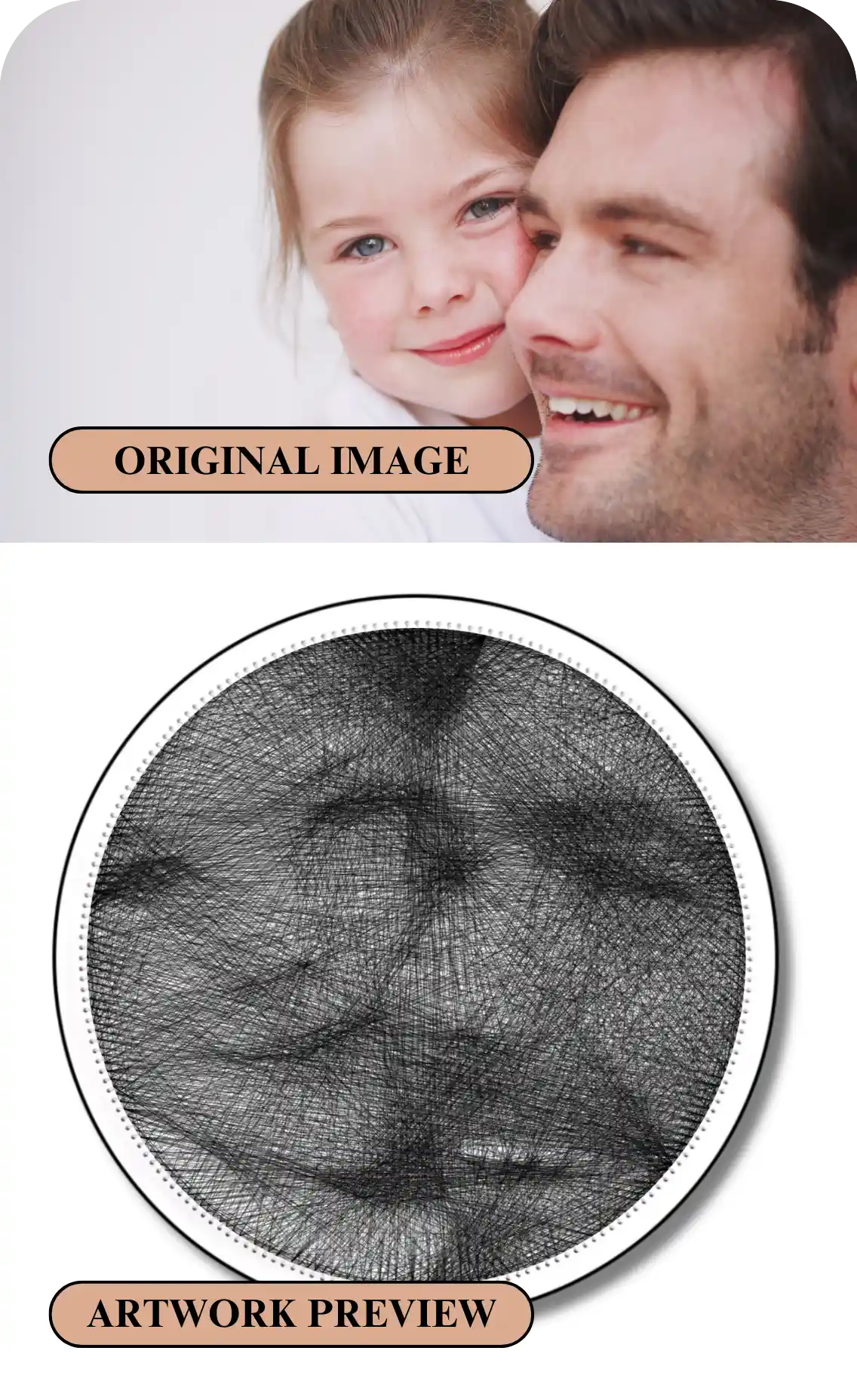 Comparison between the original image and the optimized artwork preview, highlighting how STRINGUART enhances photos for string art and guarantees consistency between the preview and the final product.