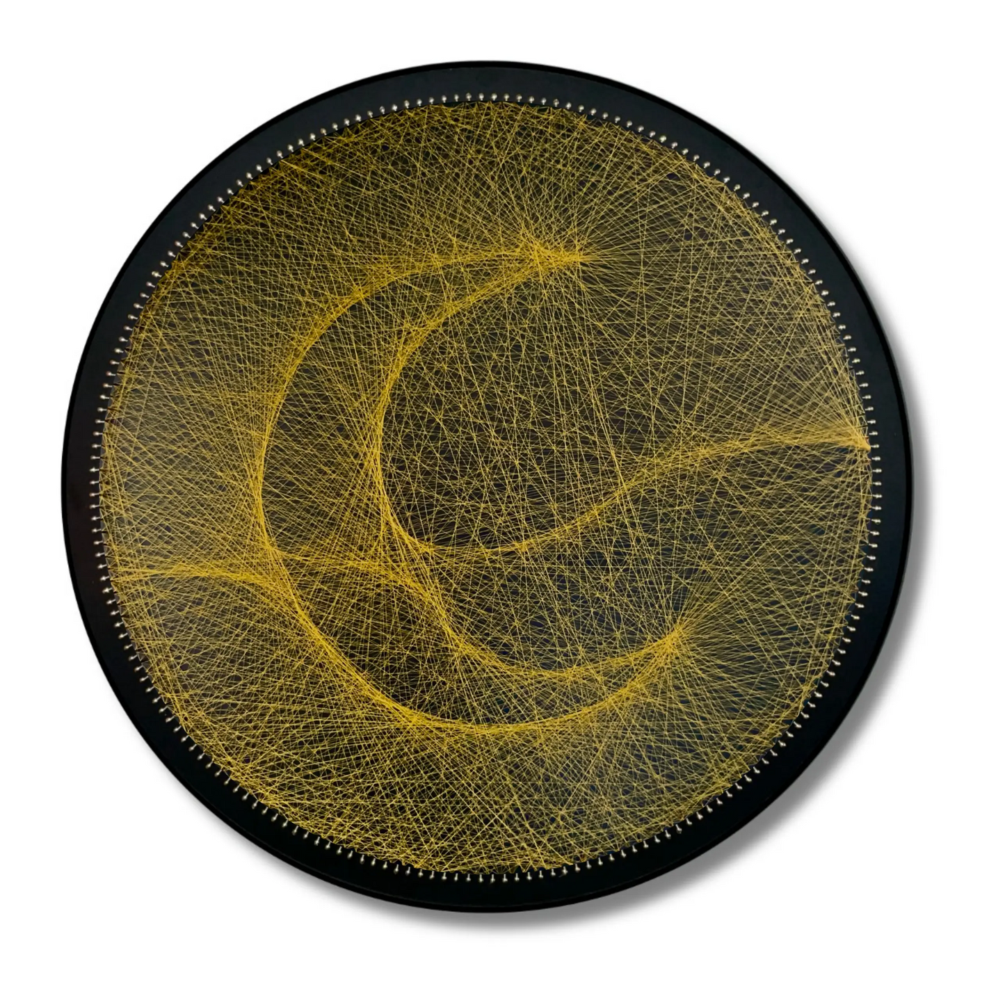 Finished string art design of a moon from the Gold Collection using black board and gold strings