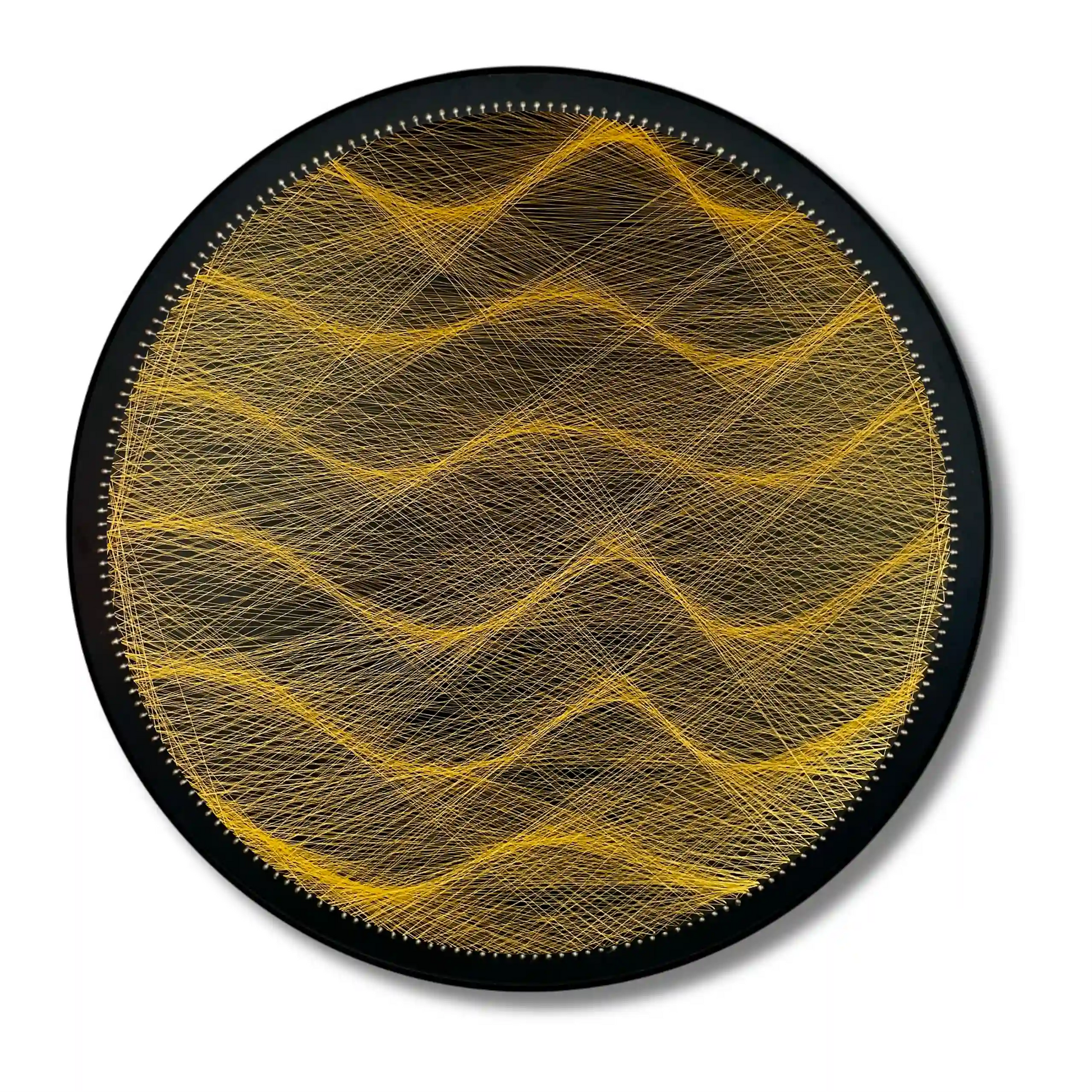 Finished string art design of a wavy pattern from the Gold Collection using black board and gold strings