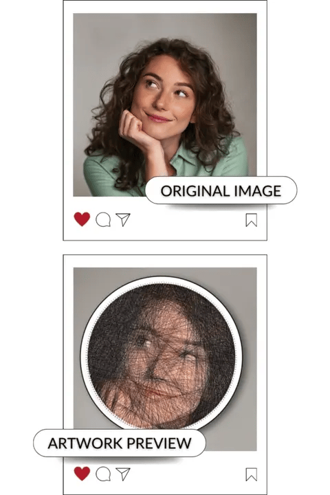 Comparison of original image, artwork preview image, and final String Art piece showing accuracy