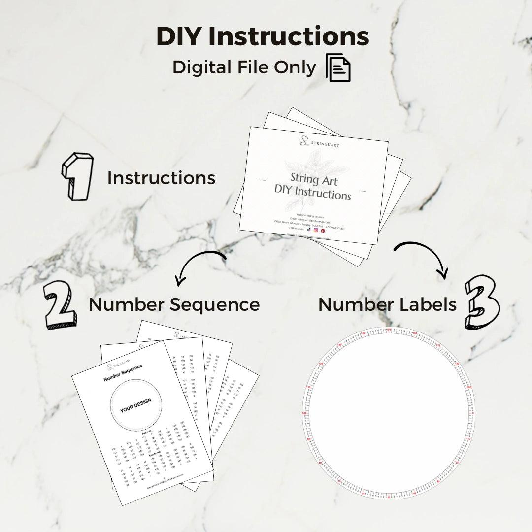 Image showing the contents of the String Art DIY Instructions, including Step-by-Step Instructions, Materials and Tools List, Number Sequence, and Number Labels. Digital file only, no physical items will be shipped.