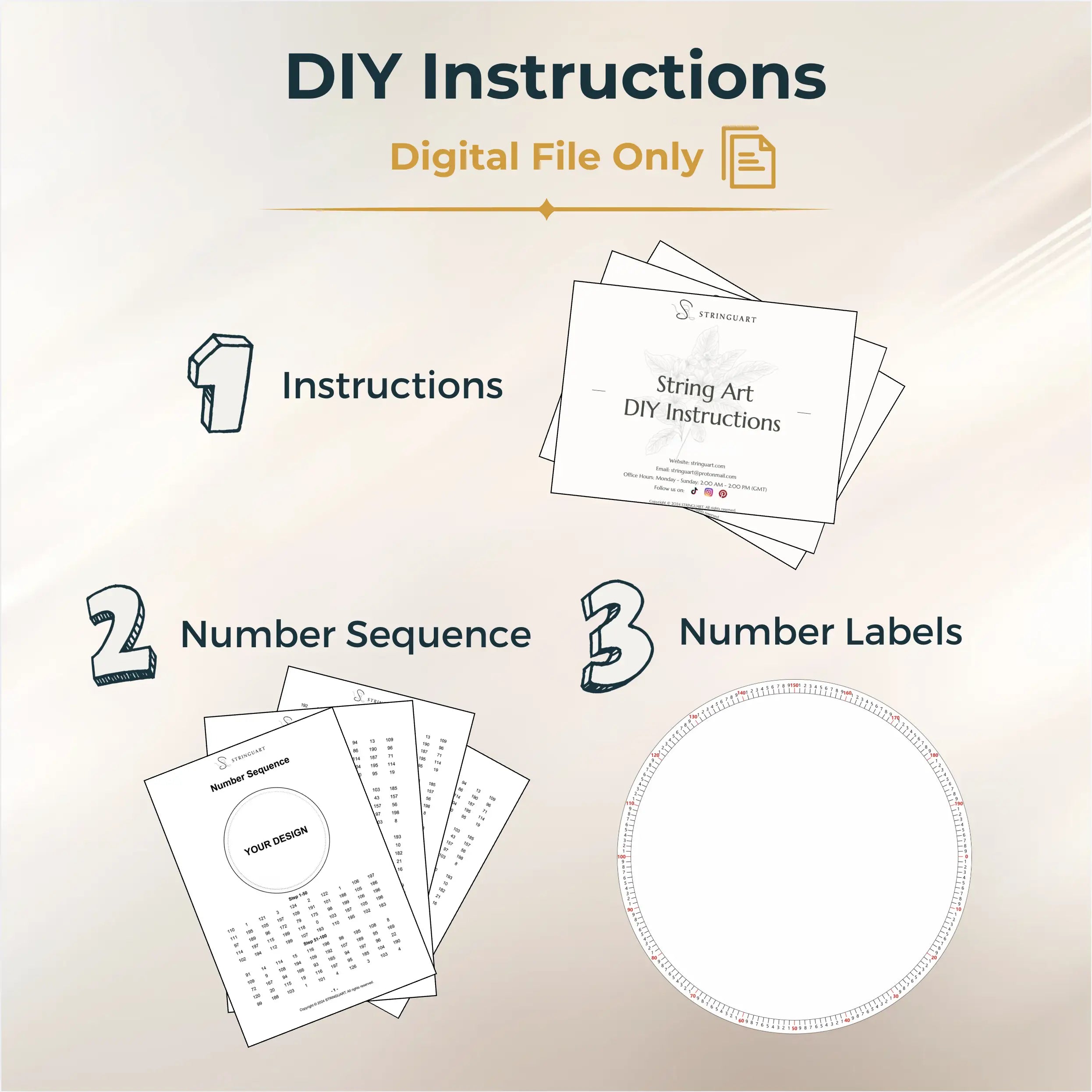 Image showing the contents of the String Art DIY Instructions, including Step-by-Step Instructions, Materials and Tools List, Number Sequence, and Number Labels. Digital file only, no physical items will be shipped.