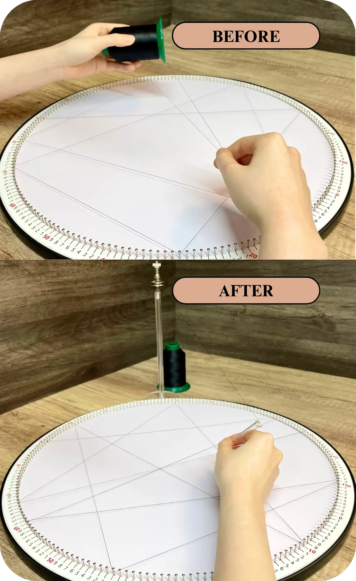 Before and after comparison of string art creation, showing the difference between using standard tools and STRINGUART's DIY Kit. The DIY Kit enables faster, one-handed string art making, improving efficiency by 50%.