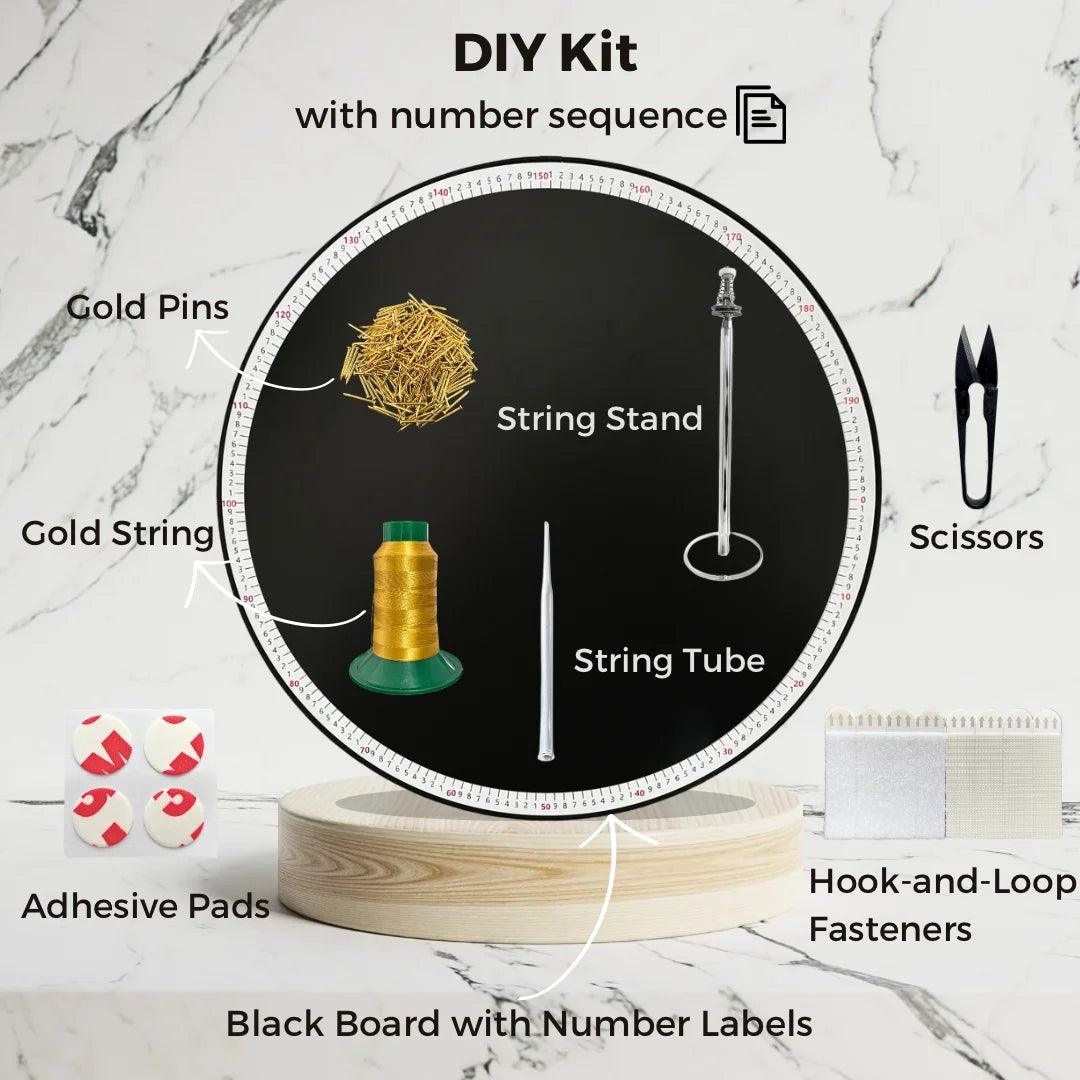 Contents of the DIY Kit from the Gold Collection, including tools and materials for creating string art