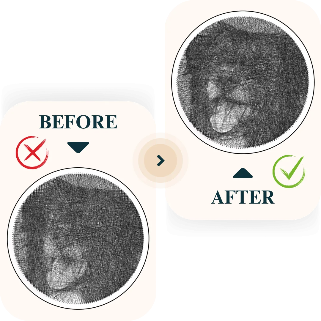 Before and after comparison showing how STRINGUART enhances photos for more detailed and accurate custom String Art results.