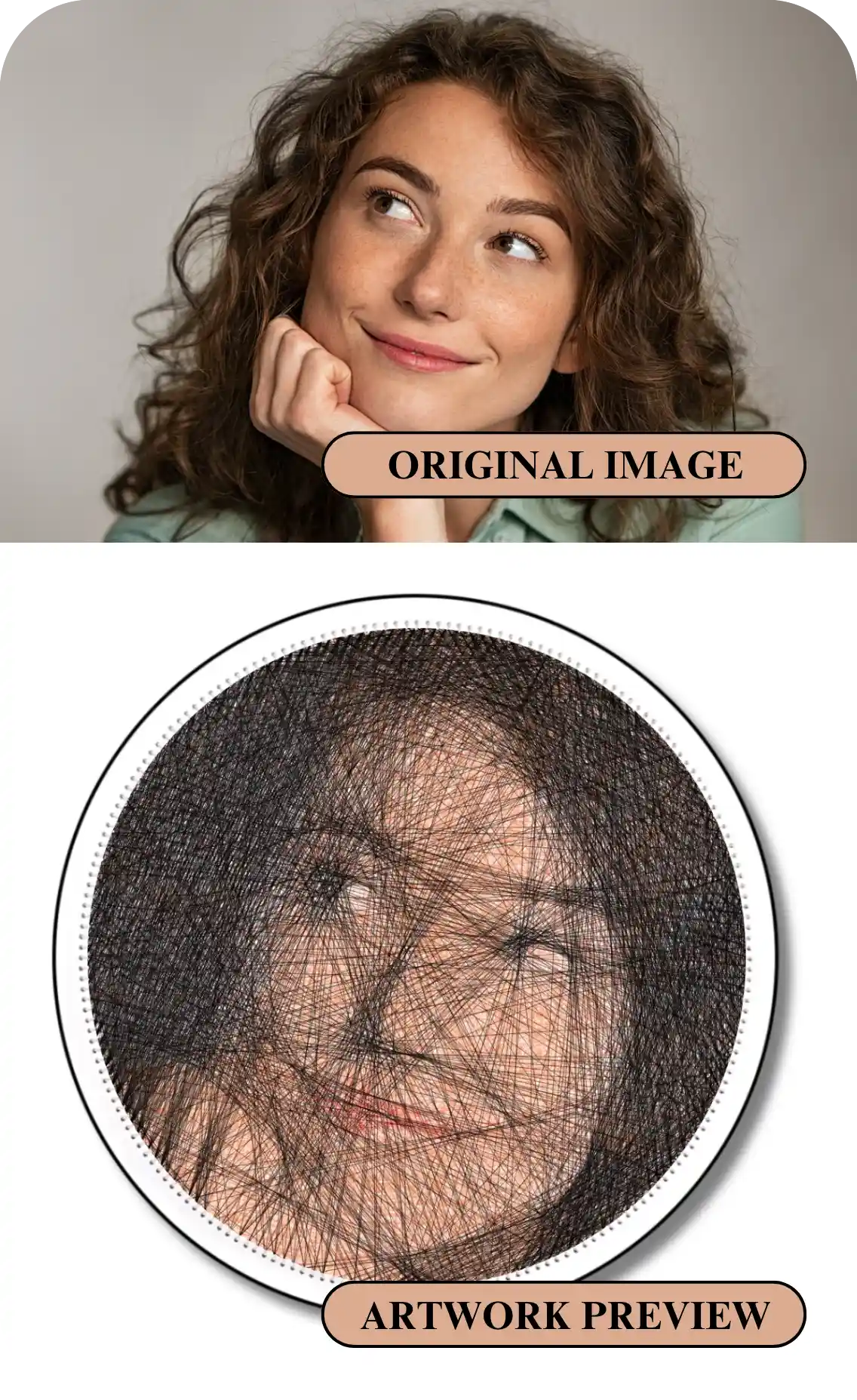 Comparison between the original image and the optimized artwork preview, highlighting how STRINGUART enhances photos for string art and guarantees consistency between the preview and the final product.