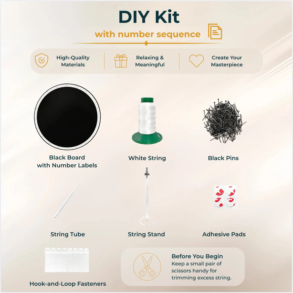 Contents of the DIY Kit from the White Collection, including tools and materials for creating string art
