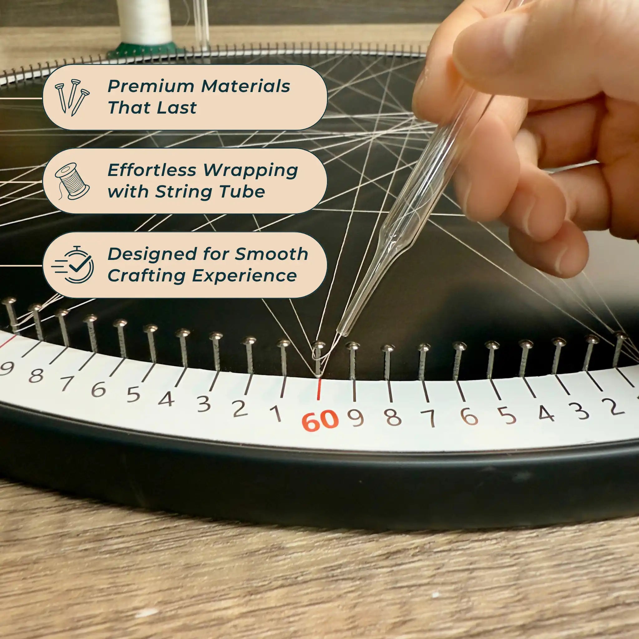 Detailed view of the string art creation process using the DIY Kit from the White Collection