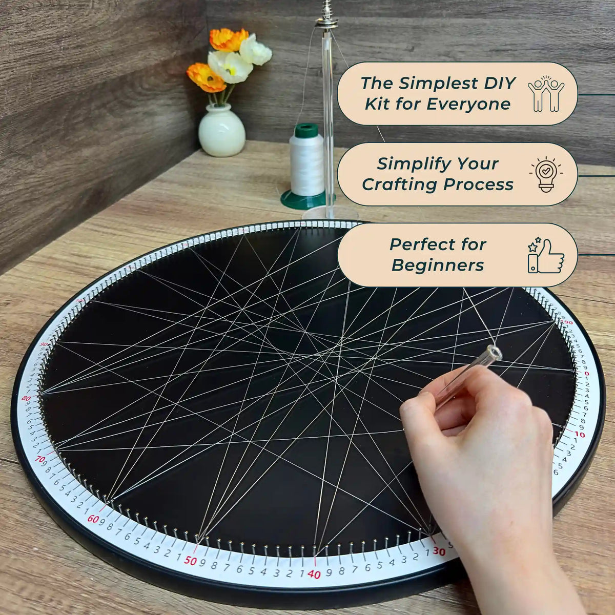 In-progress shot of creating string art using the DIY Kit from the White Collection