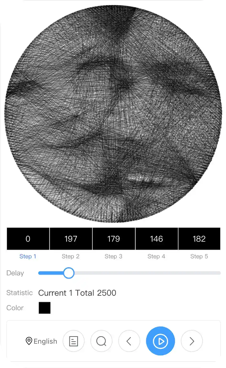 Voice-guided program screenshot showing step-by-step audio instructions for creating string art by following number sequences, making the process faster and easier for customers.