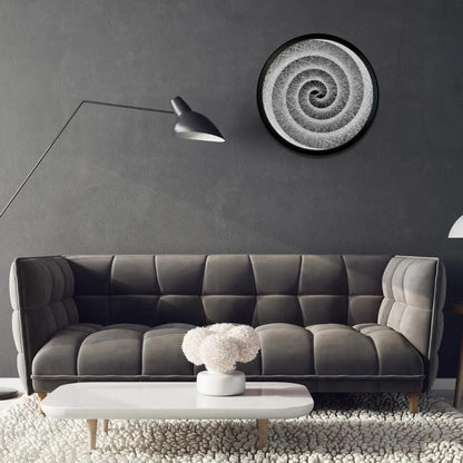 Finished string art design of Hypnotic Swirl from the White Collection displayed in an interior setting