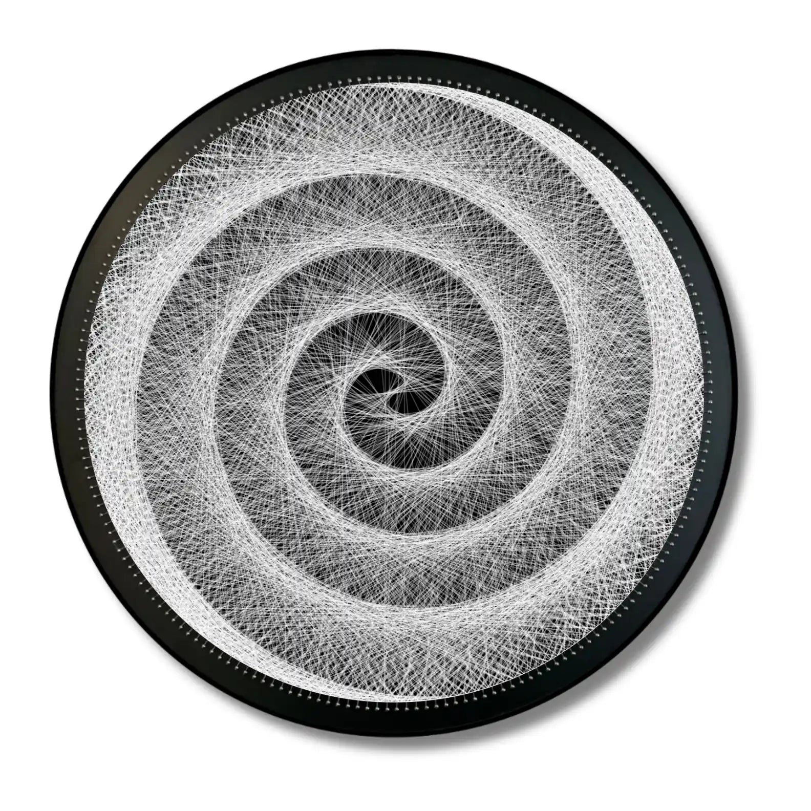 Finished string art design of Hypnotic Swirl from the White Collection using black board and white strings